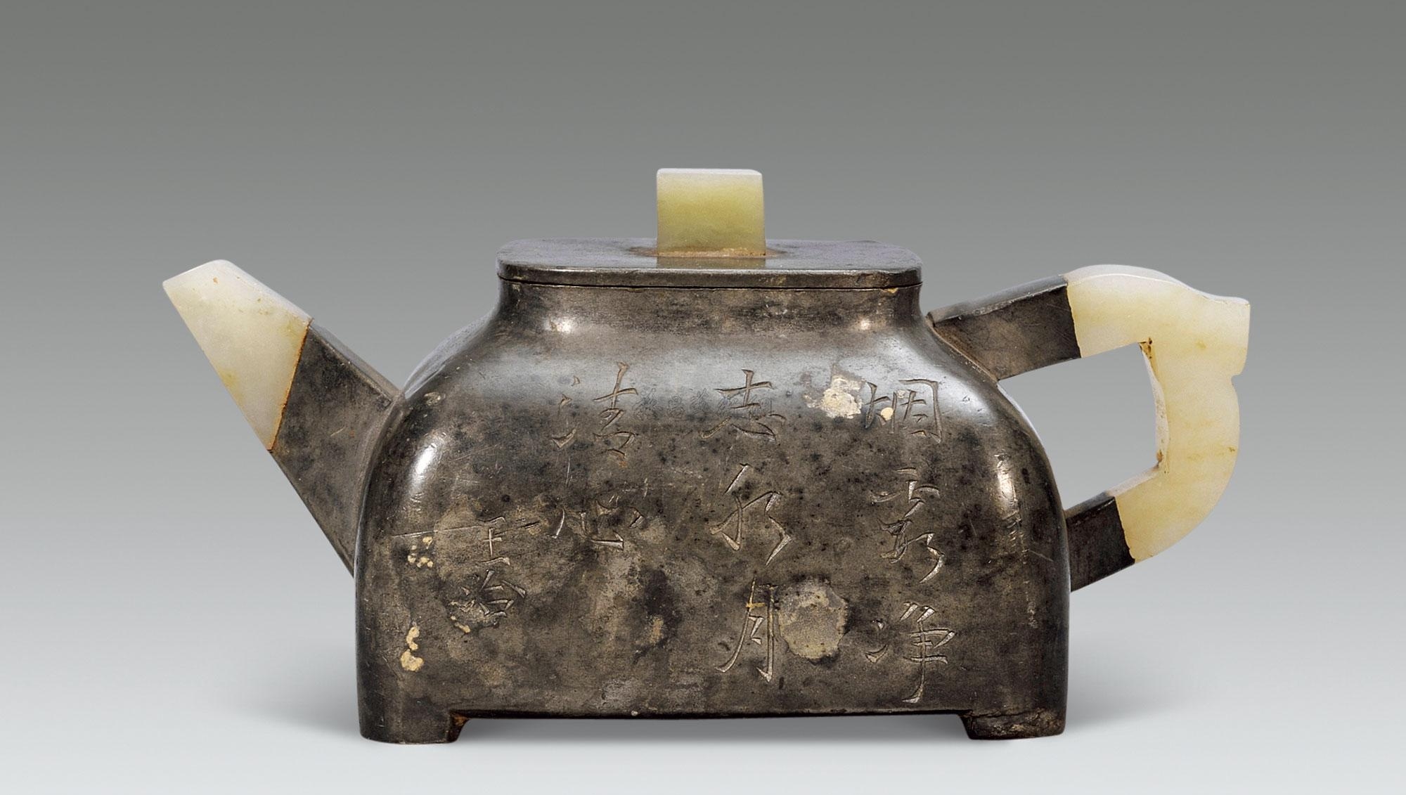 中国古董，古錫四耳茶壺，「點銅」在銘。-