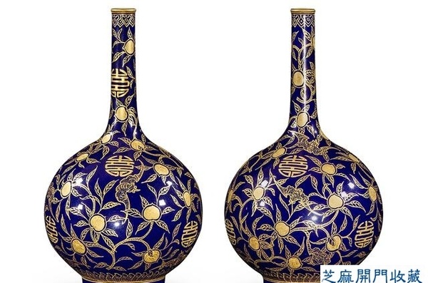 乾隆 藍(lán)釉描金福壽紋細(xì)頸瓶（對(duì)）
